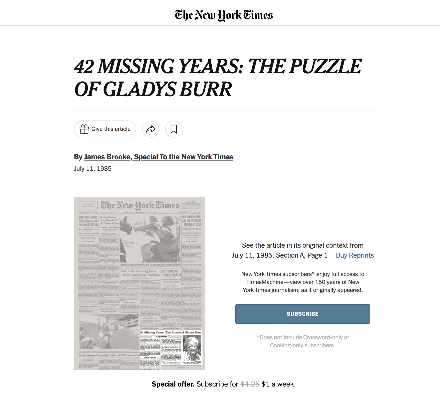 New York Times News article Image “42 Missing Years: The Puzzle of Gladys Burr”