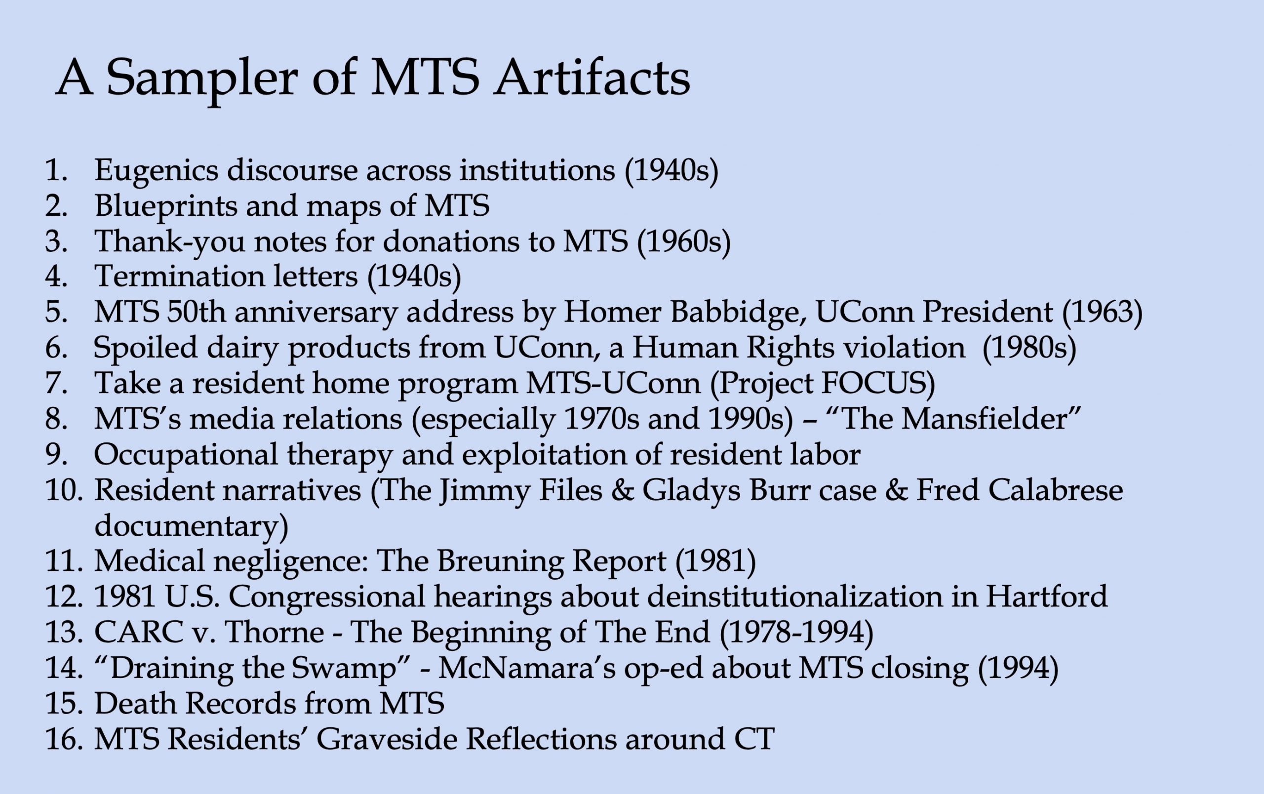 Image 5-29-26 at 11.48 AM (1) Presentation slide listing sixteen categories of Mansfield Training School archival materials, including correspondence, maps, medical reports, resident narratives, legal cases, and death records.
