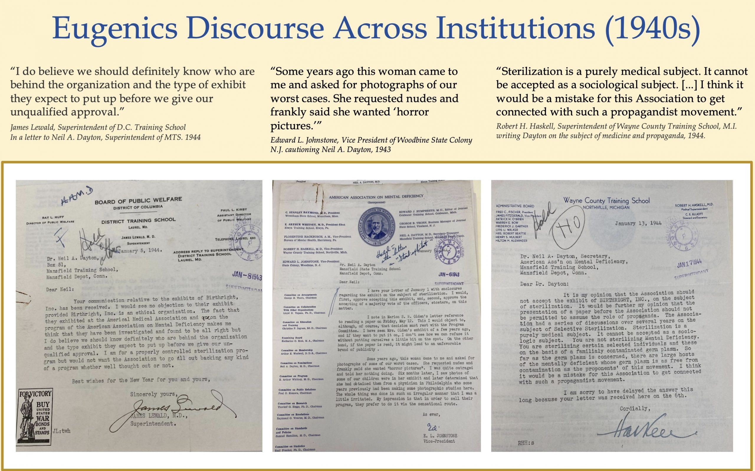 Image 5-29-26 at 11.48 AM (2) Presentation slide displaying quotations from 1940s correspondence between administrators of training schools discussing eugenics, sterilization, and public exhibitions, accompanied by images of three archival letters.