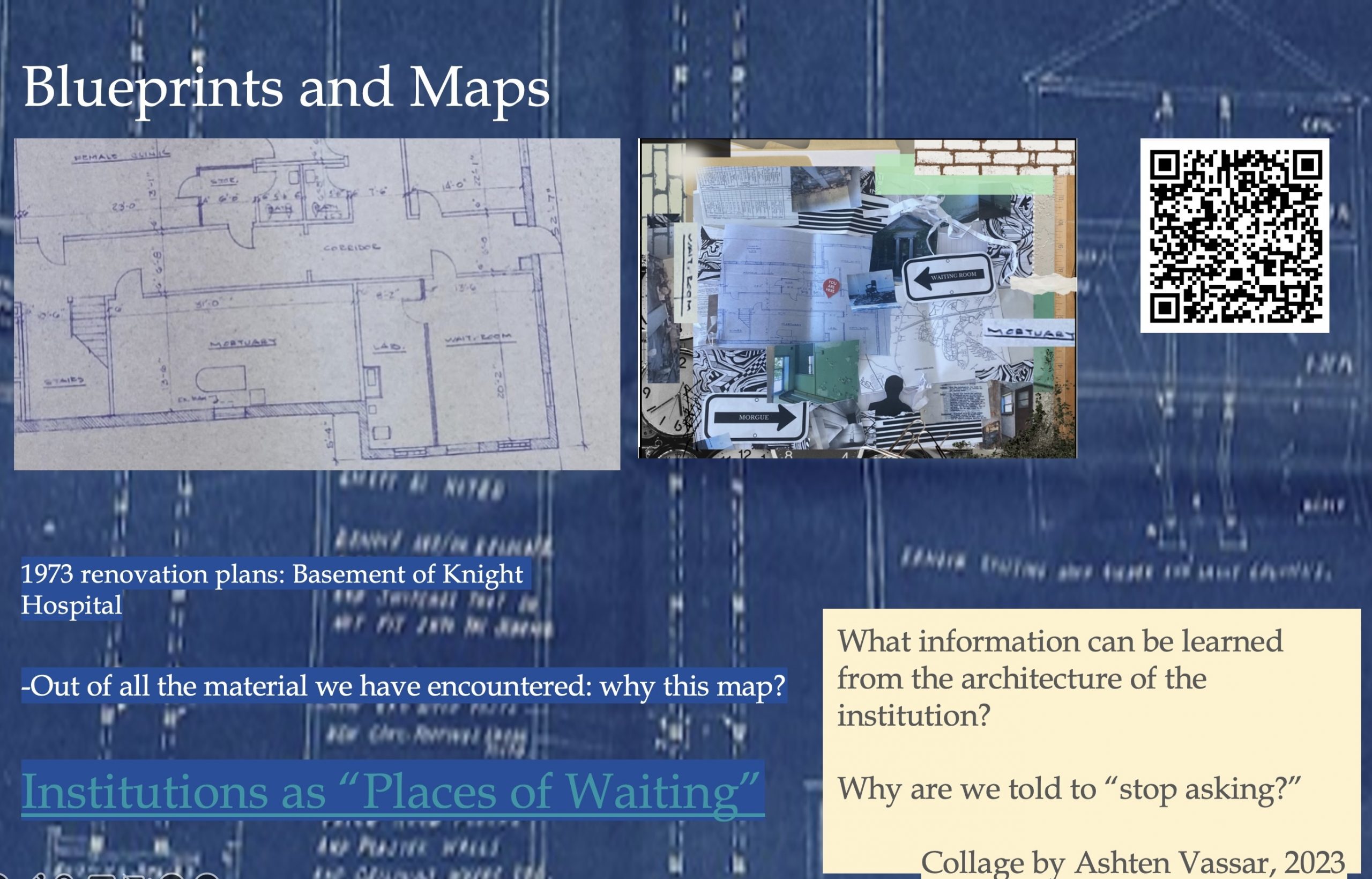 Image 5-29-26 at 11.48 AM (3) Presentation slide featuring a Mansfield Training School building blueprint, a collage artwork inspired by institutional architecture, and discussion questions about what maps and building designs reveal about institutional life.