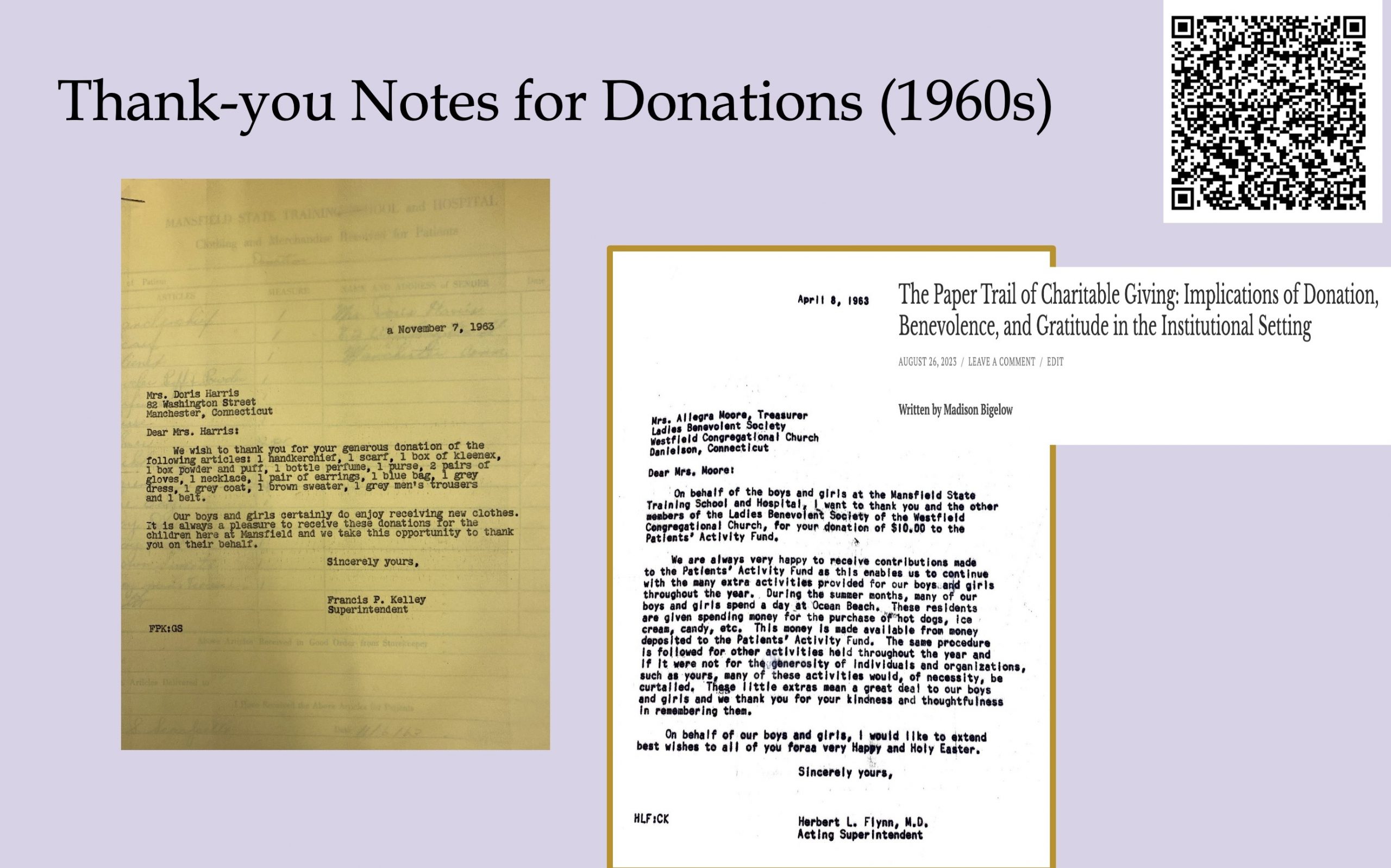 Image 5-29-26 at 11.48 AM (4) Presentation slide showing archival donation thank-you letters from Mansfield State Training School and Hospital alongside a reference to research on charitable giving and institutional fundraising practices.