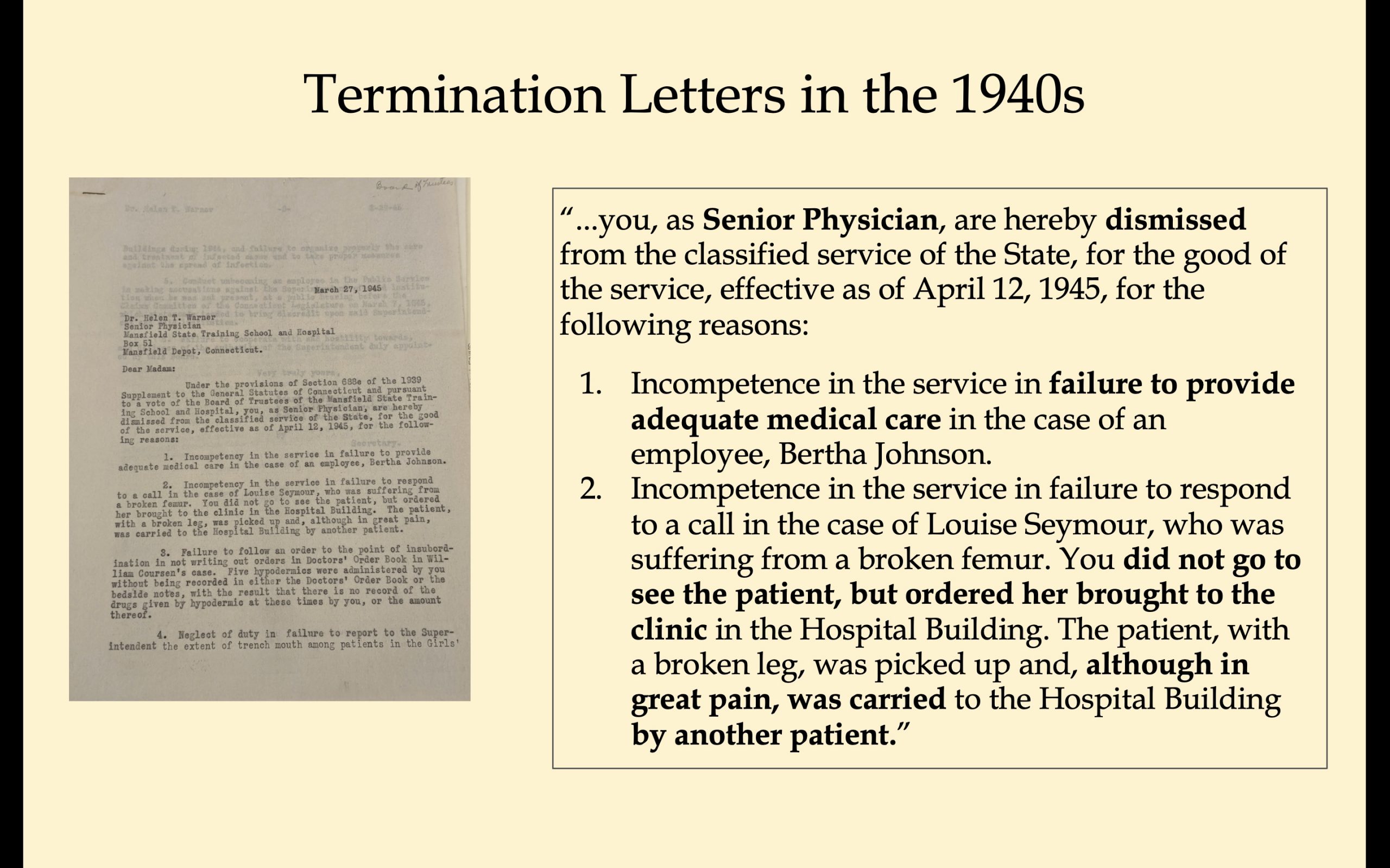 Image 5-29-26 at 11.48 AM (5) Presentation slide featuring a 1945 termination letter for a Mansfield Training School physician and excerpts describing dismissal due to failures in medical care, patient treatment, and professional responsibilities.