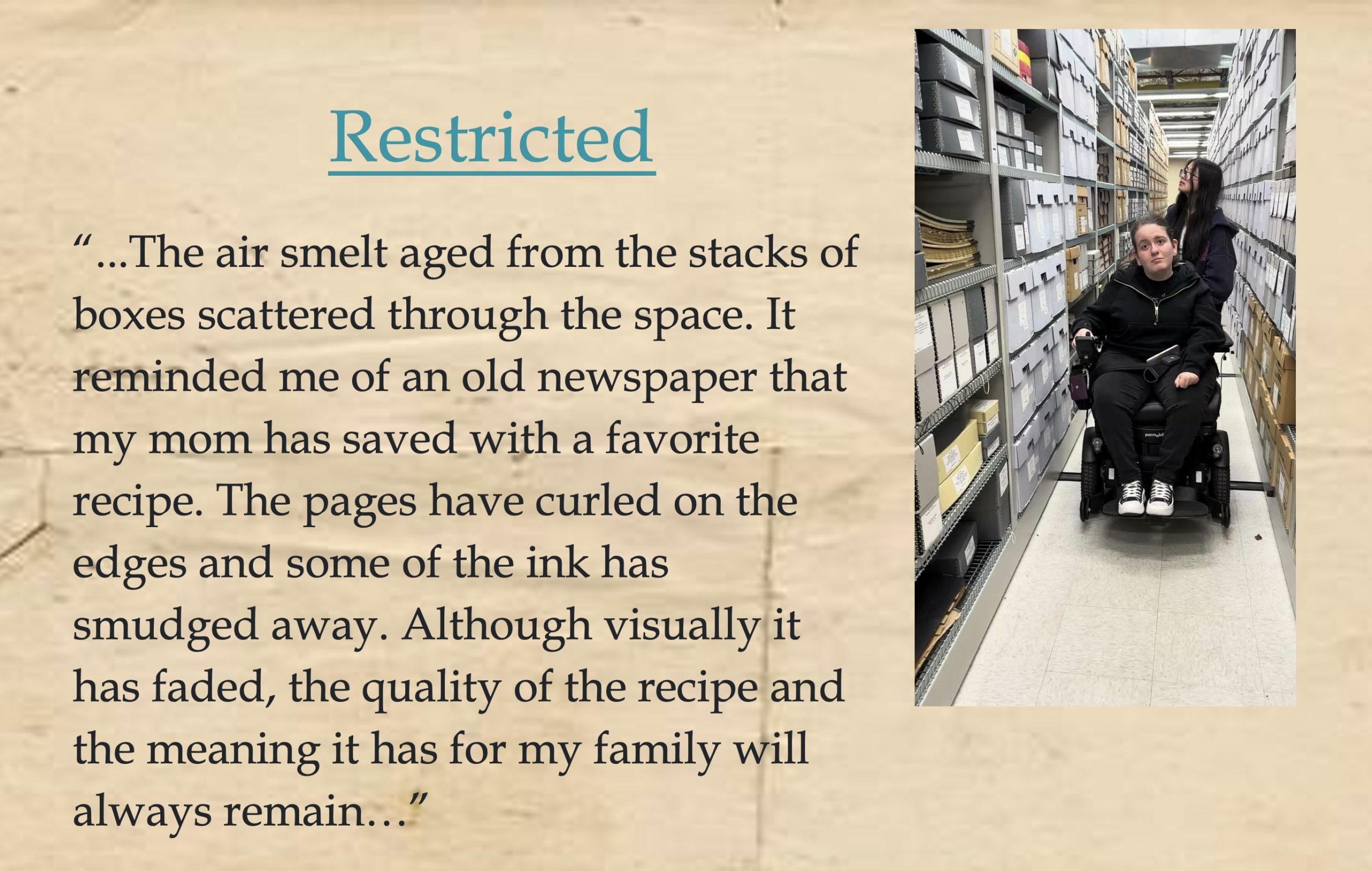 Image 5-29-26 at 11.48 AM Presentation slide titled "Restricted" featuring a reflective quotation about archives and memory next to a photograph of two researchers in an archival storage aisle lined with records boxes.