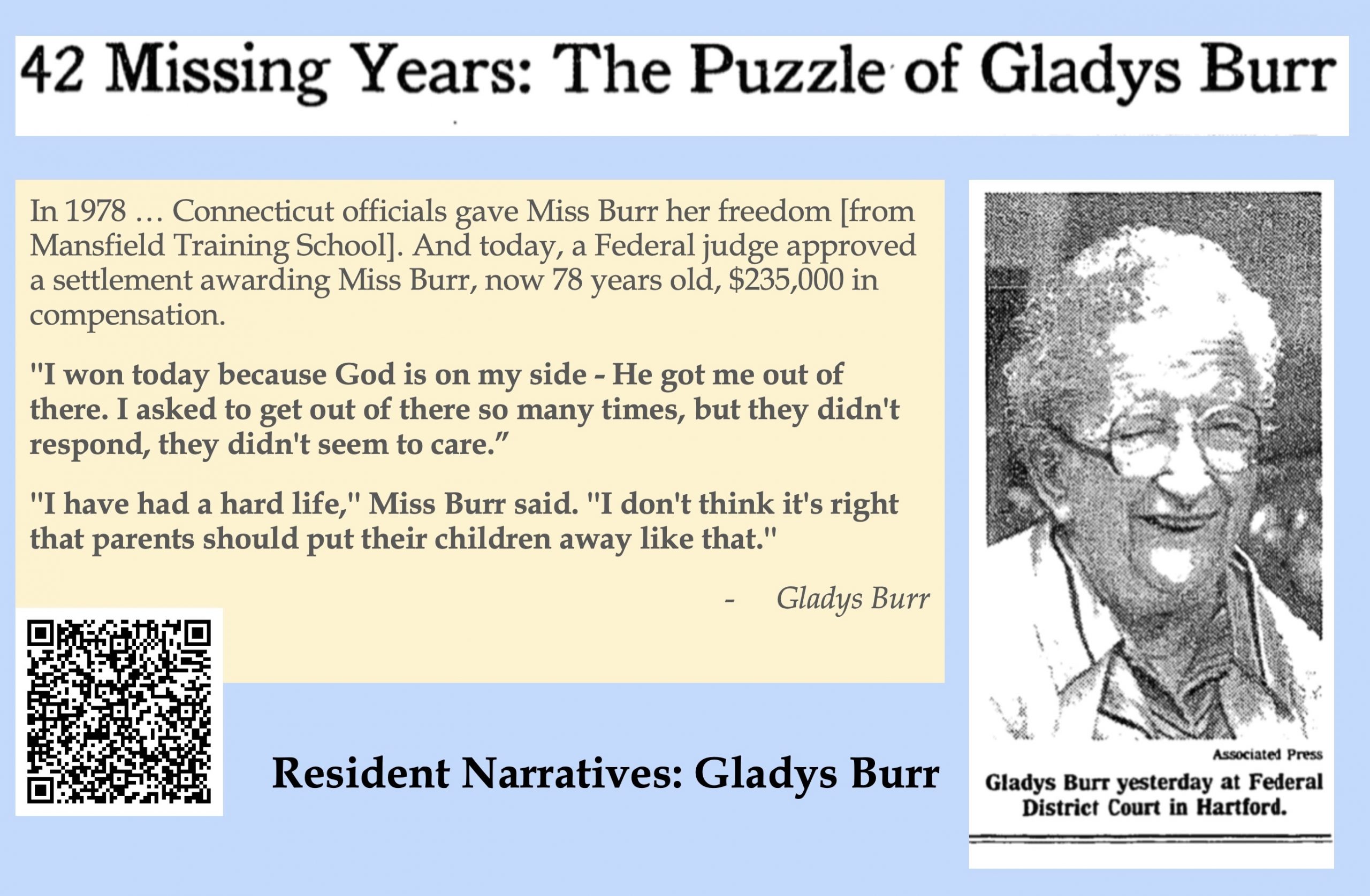 Image 5-29-26 at 11.49 AM (4) A presentation slide titled "42 Missing Years: The Puzzle of Gladys Burr" featuring a black-and-white Associated Press photograph of an elderly white-haired woman identified as Gladys Burr at Federal District Court in Hartford. Text describes how Connecticut officials released her from Mansfield Training School in 1978 and a federal judge later approved a $235,000 settlement. Quoted saying she asked to leave many times but no one responded, and that "I don't think it's right that parents should put their children away like that."