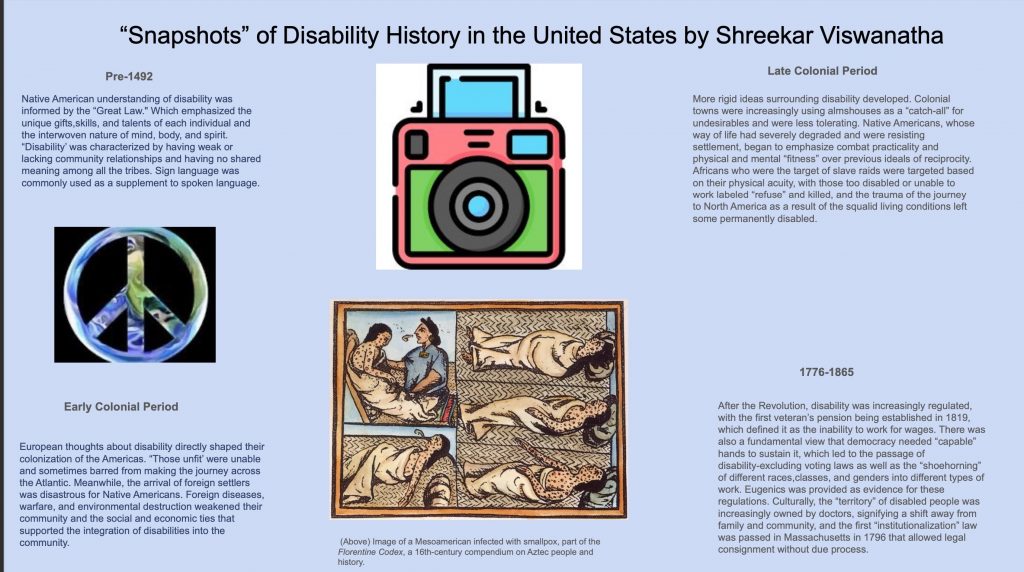 Timeline poster titled “Snapshots of Disability History in the United States” by Shreekar Viswanatha. The slide covers disability history from pre-1492 through 1865, discussing Indigenous understandings of disability, the effects of European colonization, the spread of disease, changing attitudes during the colonial period, and early institutionalization. Images include a peace symbol, a Mesoamerican illustration depicting people affected by smallpox, and a decorative camera icon.