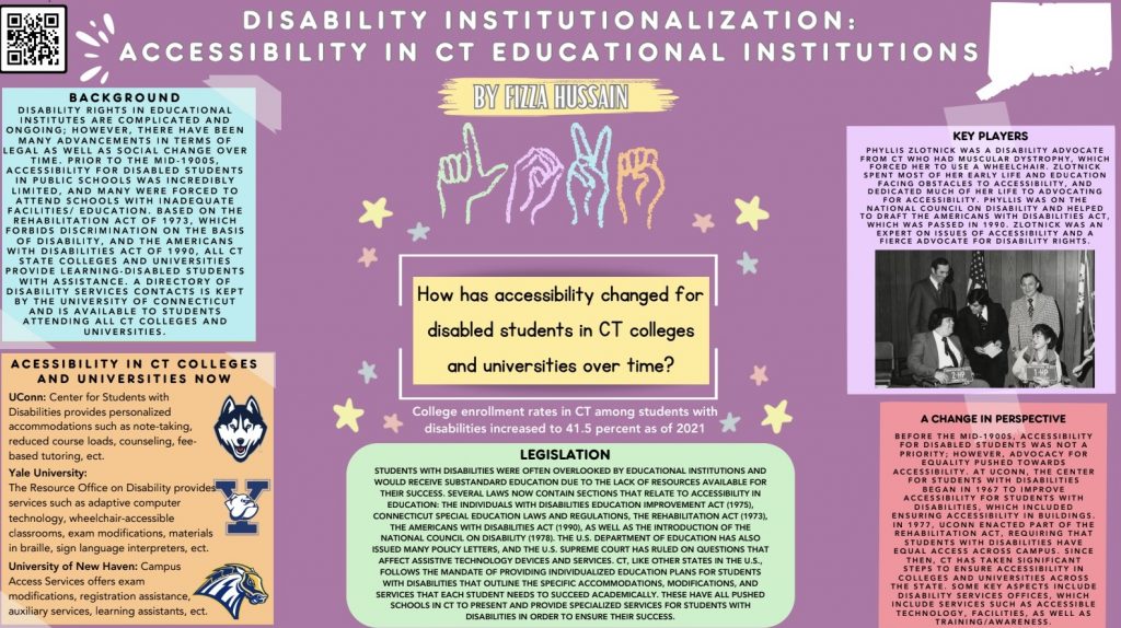 Poster titled “Disability Institutionalization: Accessibility in Connecticut Educational Institutions” by Fizza Hussain. The poster examines how accessibility for disabled students in Connecticut colleges and universities has changed over time. Sections discuss historical barriers to educational access, disability rights legislation such as the Rehabilitation Act and Americans with Disabilities Act, advocacy by disability rights activist Phyllis Zlotnick, changing perspectives on disability in higher education, and current accessibility services at Connecticut colleges and universities. The poster includes a photograph of disability rights advocates, university logos, a QR code, and decorative graphics on a purple background.