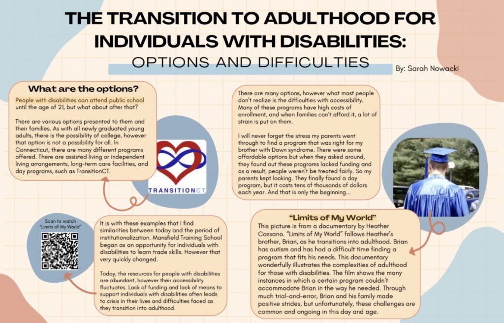 Poster discussing options and challenges faced by disabled young adults after leaving public school. Highlights programs such as TransitionCT, barriers to accessibility and affordability, a documentary about adulthood and autism, and includes a QR code linking to additional media.