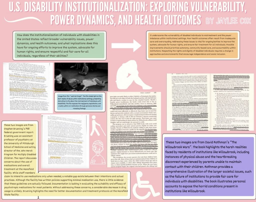 Poster analyzing how institutionalization shaped health outcomes, power relationships, and vulnerability among people with disabilities. Includes excerpts from government reports and books about Willowbrook, historical documents, photographs, and commentary on abuse and systemic failures.
