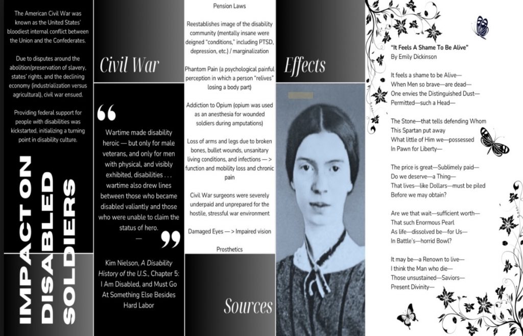 Poster about disability and the American Civil War, discussing injuries, prosthetics, phantom pain, addiction to opium, and changing perceptions of disability. Includes historical text, a portrait of Emily Dickinson, and her poem “It Feels A Shame To Be Alive.”