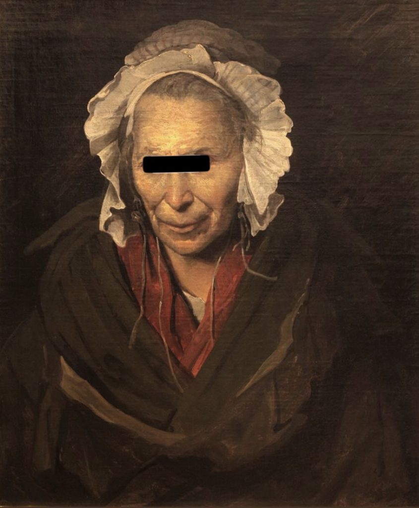 The same portrait of an older woman wearing a white bonnet and dark shawl, with a black rectangle covering her eyes. Her mouth and slight smile remain visible.