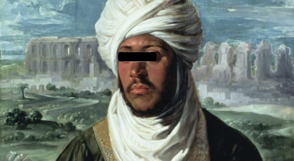 Portrait of a man wearing a white turban and draped white clothing, with a black rectangle covering his eyes. A landscape and ancient ruins appear in the background.