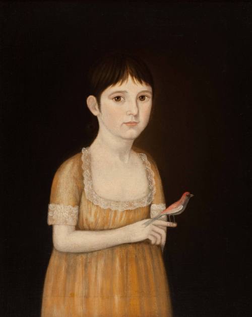 Portrait of a young girl in a yellow dress holding a small bird. She looks directly toward the viewer against a dark background, with her eyes and facial expression visible.
